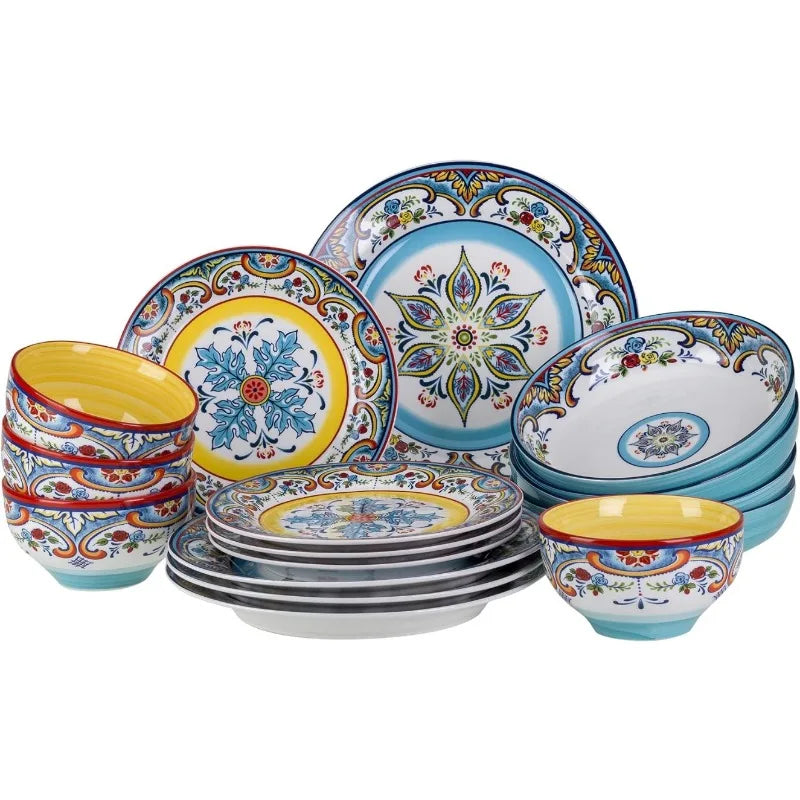 Zanzibar Collection 16 Piece Dinnerware Set Kitchen and Dining, Service for 4, Spanish Floral Design, Multicolor