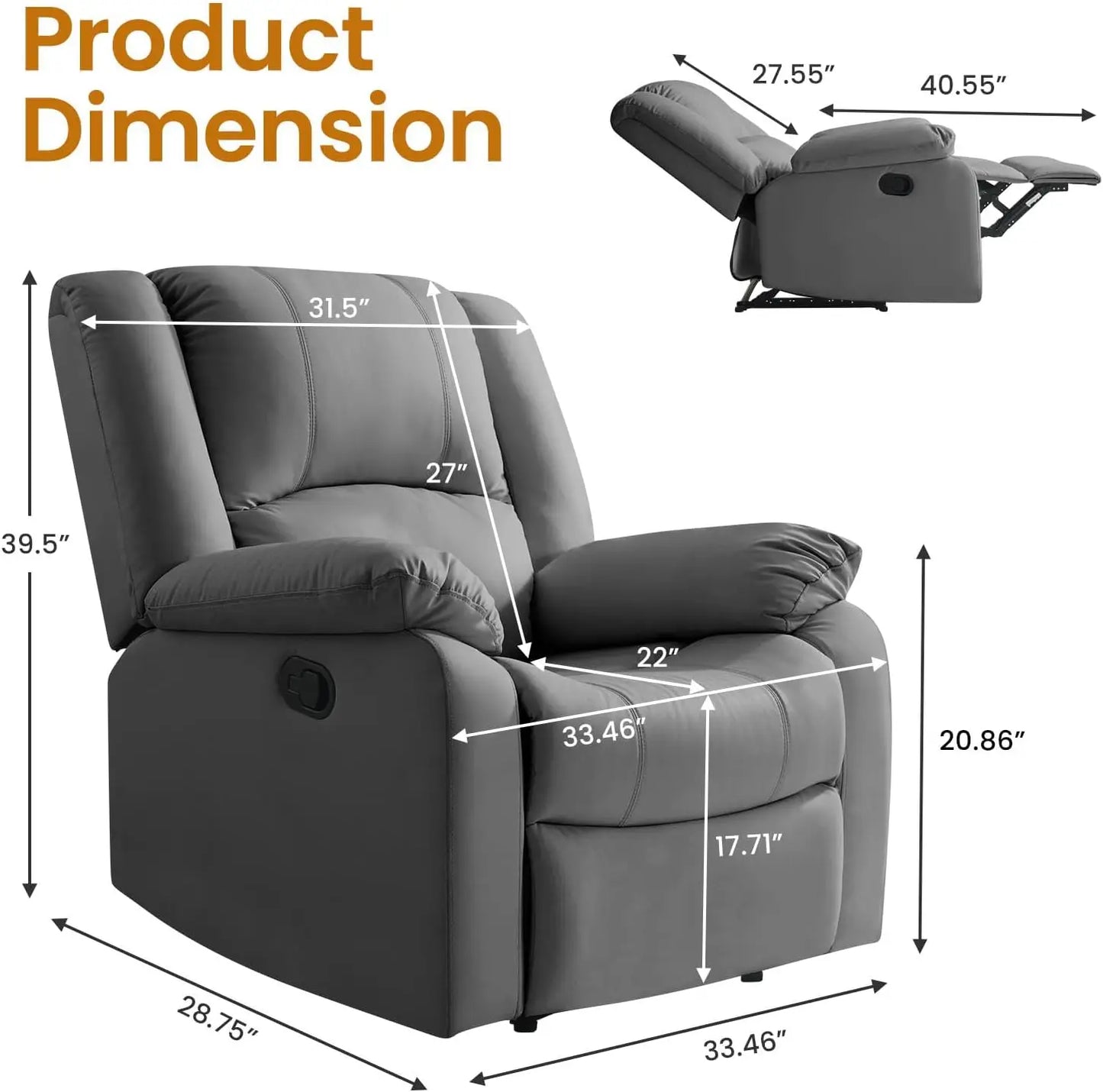 Manual Recliner Chair for Adults, Waterproof, Leather, Reclining,  for Small Spaces