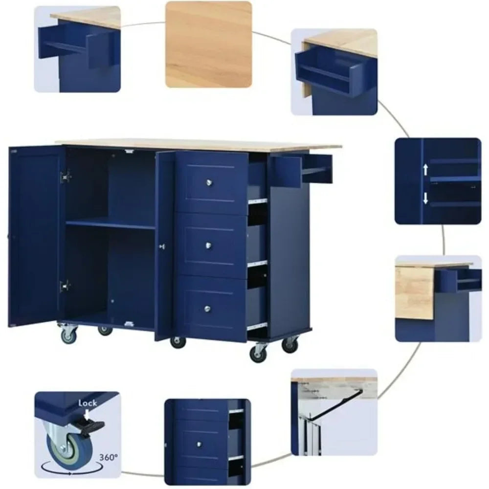 Cabinet, Drop Down Board, Solid Wood Top, Dark Blue, Kitchen Islands Trolleys