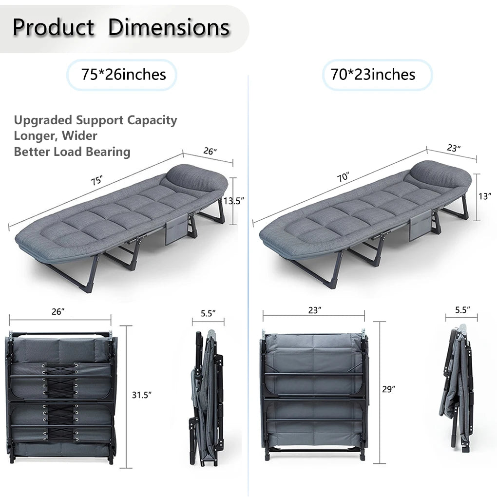 Sleeping Cots for Adults 6 Positions, Portable & Foldable Bed, Mattress, Pillow, Heavy Duty Sturdy Frame