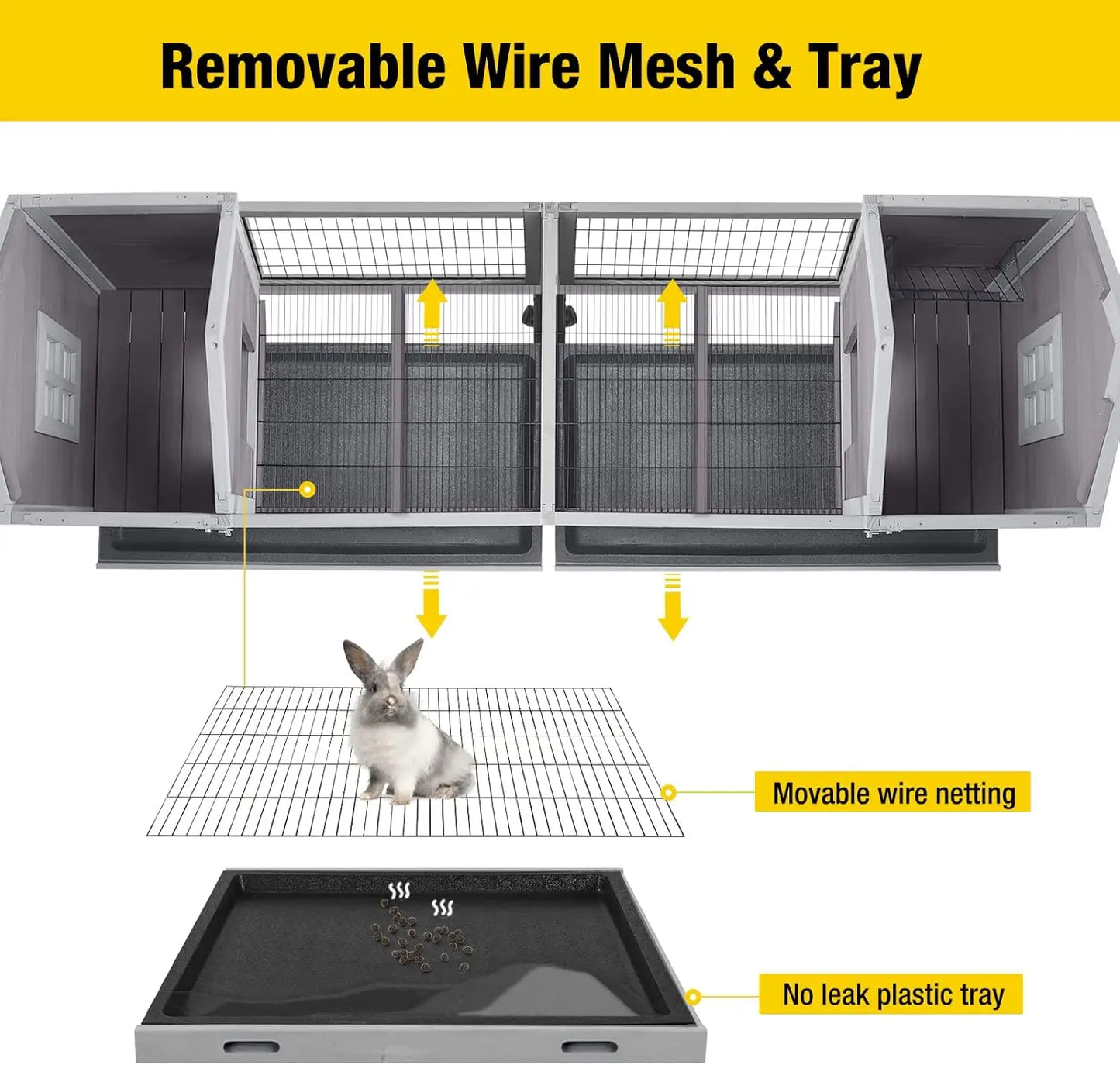 Rabbit/Guinea Pig Cage,  Double House Run, Indoor Outdoor. Deeper No Leak Trays. Wheels