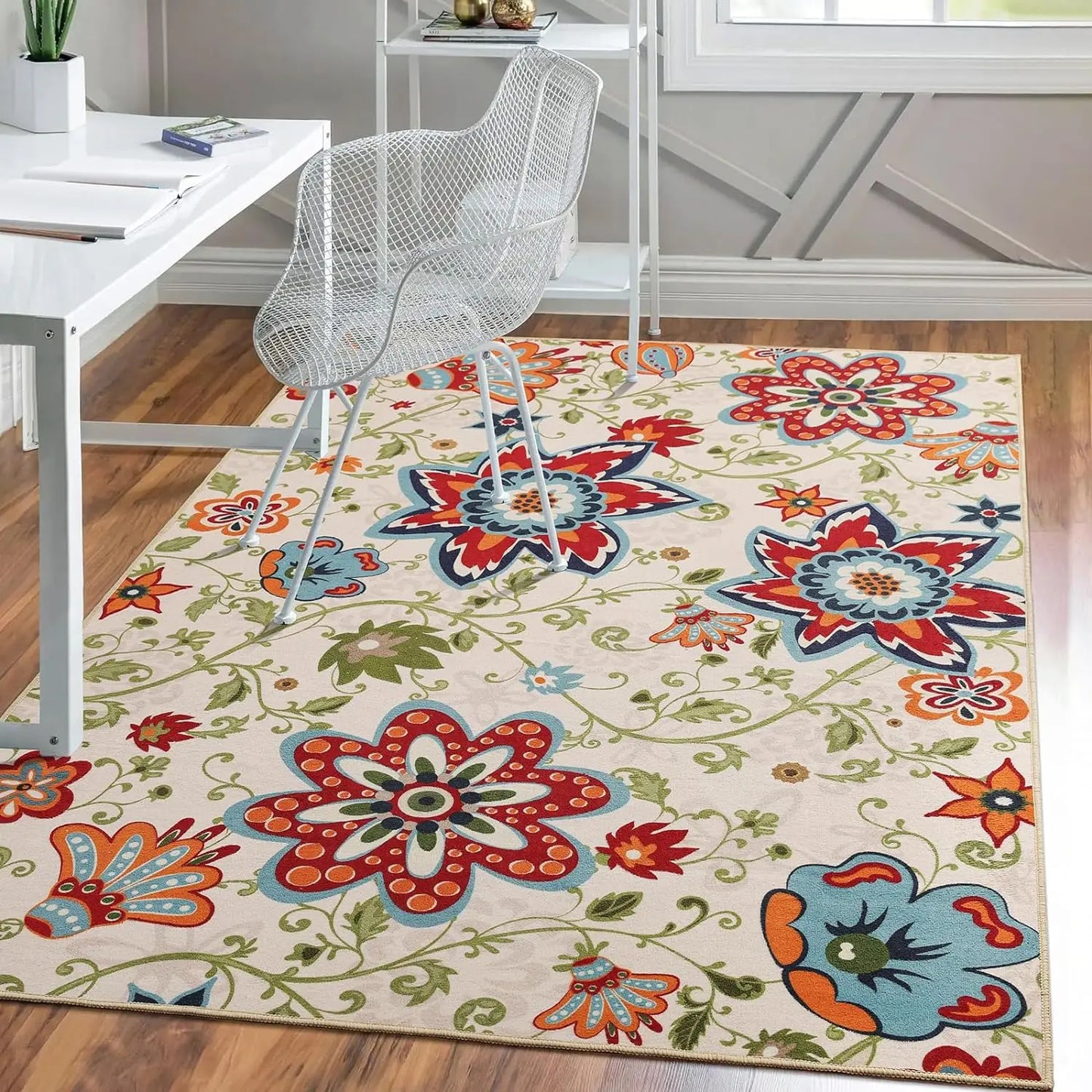 Floral, Washable Non-Slip Soft Living Room Area Rug, Stain Resistant, Entryway Indoor