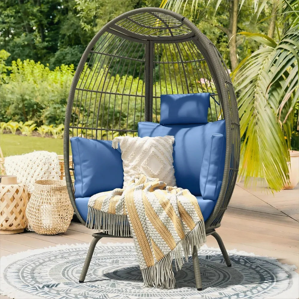 Wicker Egg Chair Outdoor Indoor, Oversized Lounger, 370lbs Capacity, Stand, Cushion