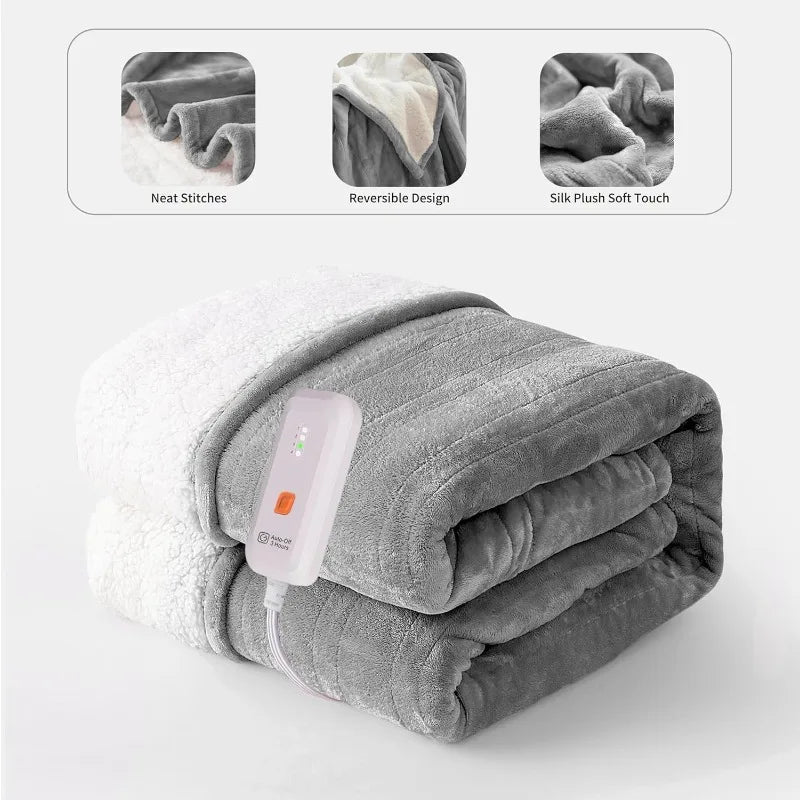 Electric Throw 50''X60''-Soft Silky Plush Electric Blanket. 4 Heating Level & 3 Hour Auto Off