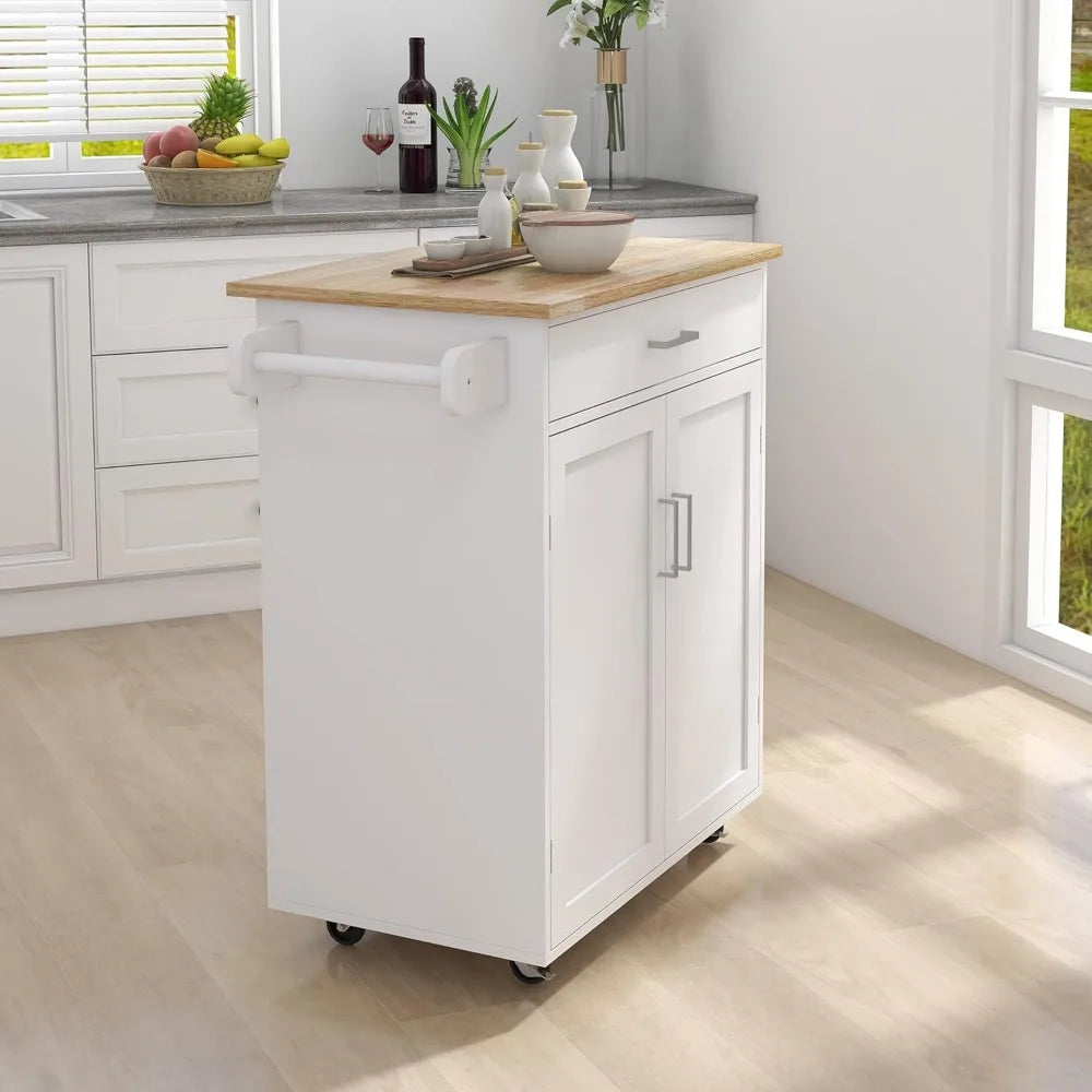 White Rolling Trolley Cart, Solid Wood Countertop, One Drawer,, 2 Doors Towel Rack