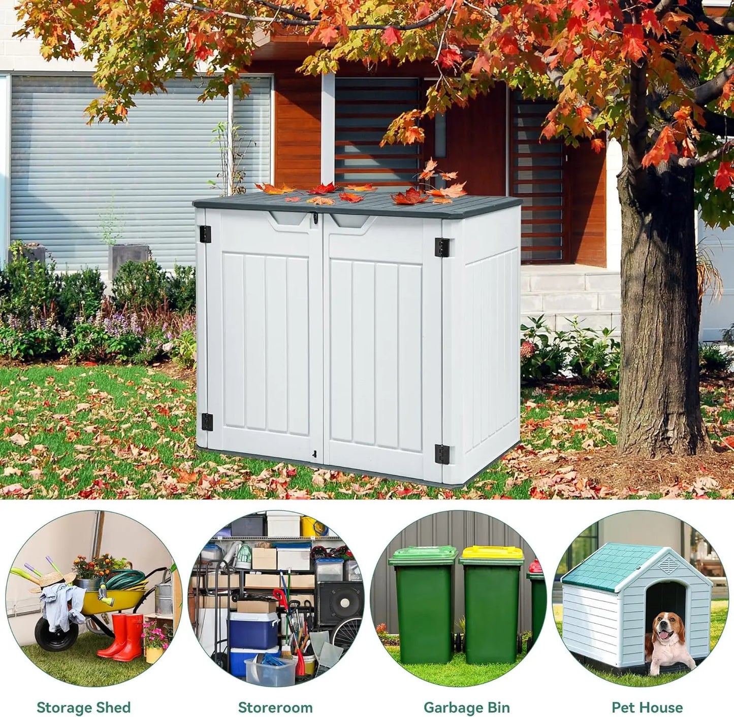 Large Outdoor Horizontal Storage Shed 47 cu ft Resin Tool Shed w/o Shelf Outdoor Waterproof Storage with Floor for Trash Cans