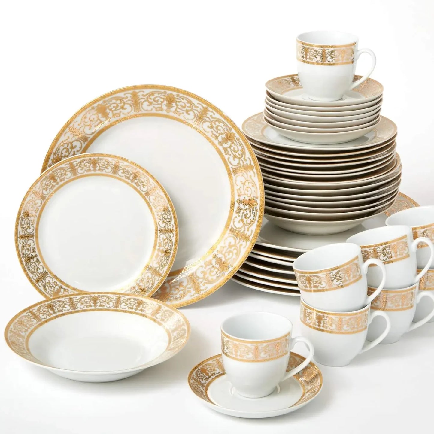 Ceramic Tableware Set 40-Piece Premium Golden Porcelain Dinnerware, Service For 8 Gold White