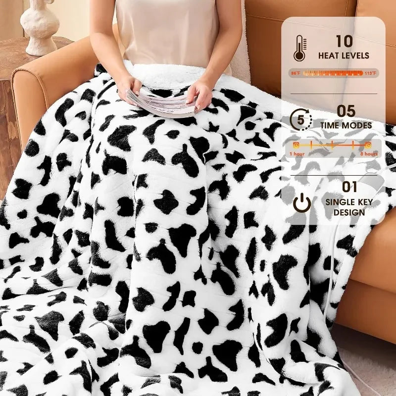 Cow Print Heated Electric Throw, 62x84 Twin Faux Fur, 10 Heating Levels, Soft Cozy Sherpa Blanket