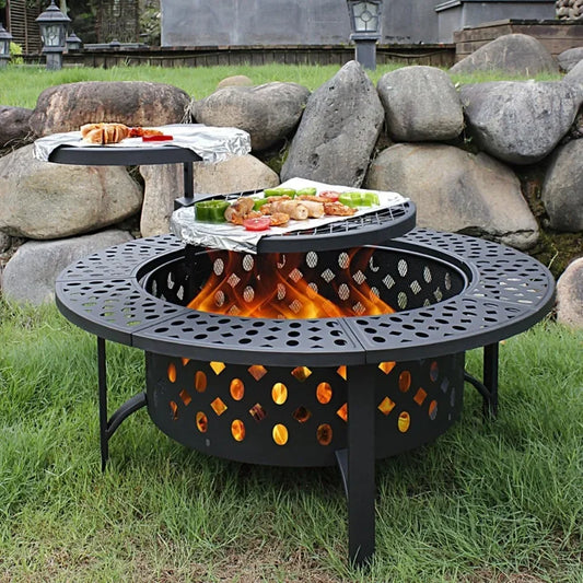 36 Inch ,2 Grills, Wood Burning Fire Pits for Outside with Lid, Poker and Round Waterproof Cover