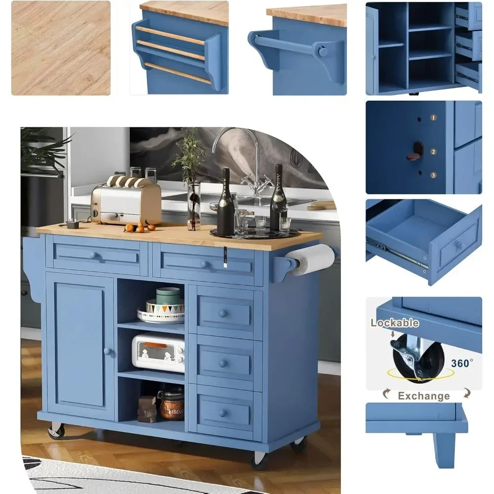 Island Cart, Doors Drawers, Rolling Sideboard, Storage Cabinet Trolley, (Blue)