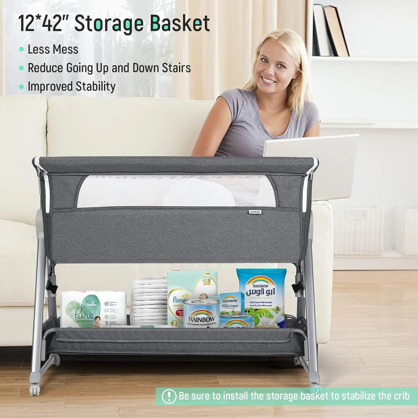 Baby Bassinet, Bedside Sleeper, Easy Folding Bassinet, Storage Basket, Wheels to Reduce Mom's Fatigue