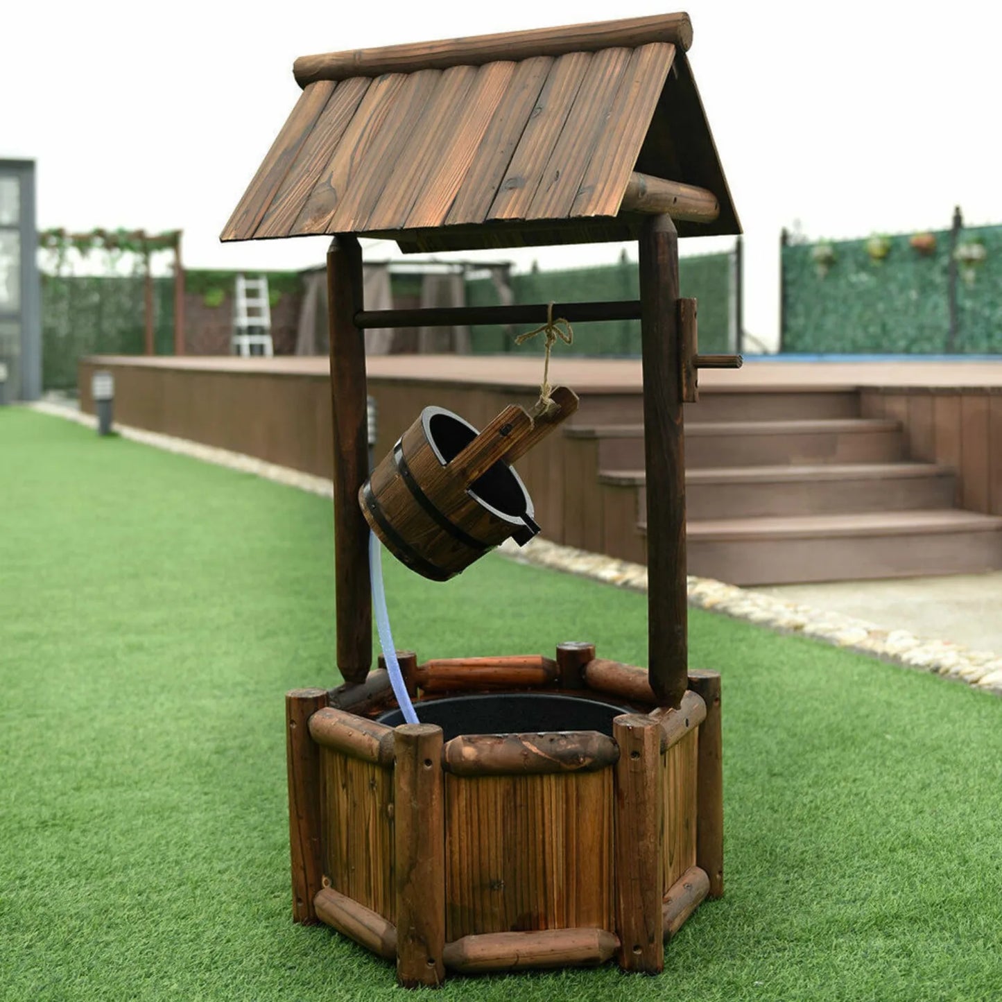 Wishing Well, Water Fountain, Wooden Electric Pump, Outdoor