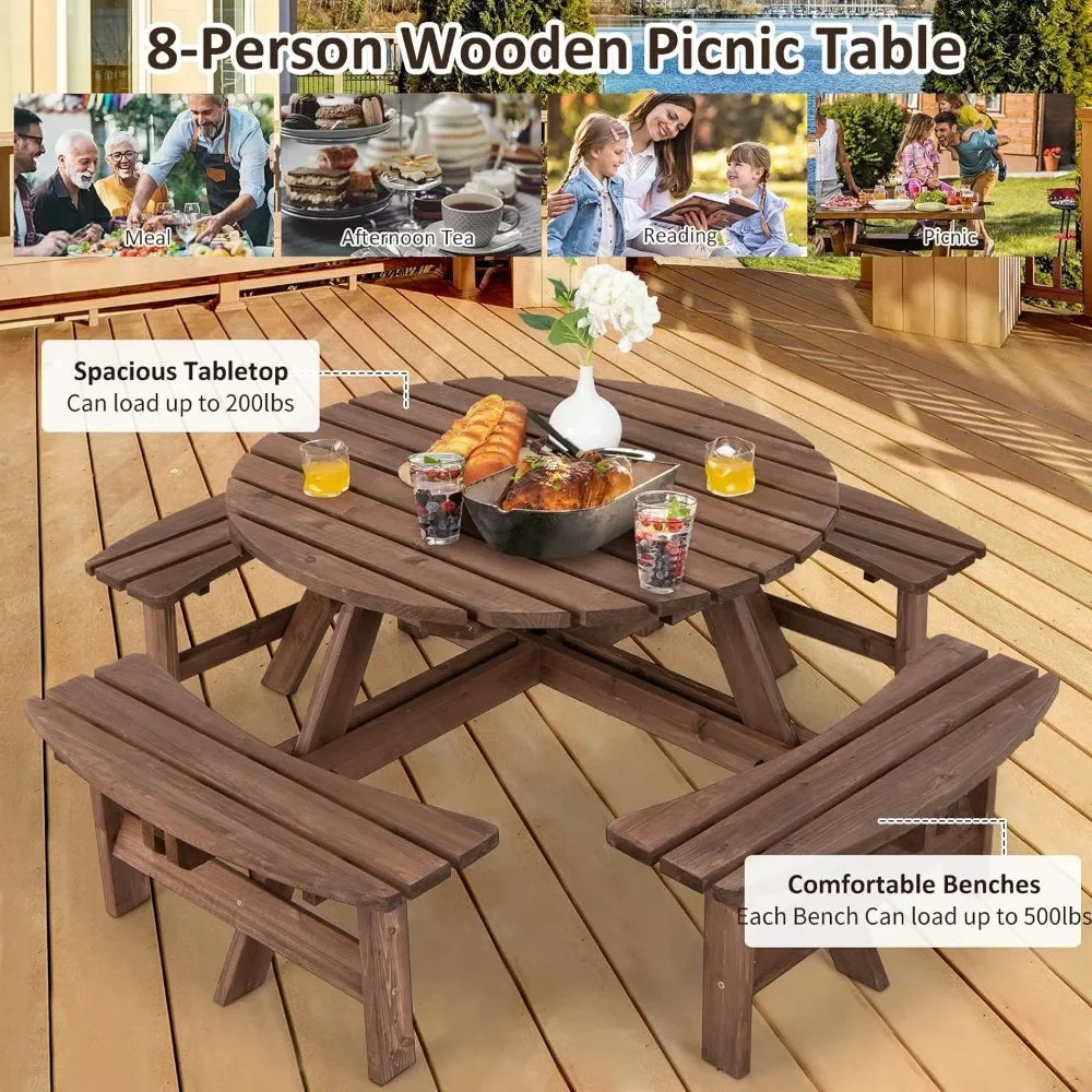 8 Person Wood Outdoor Round ,Picnic Table, 4 Built-in Benches, Umbrella Hole,