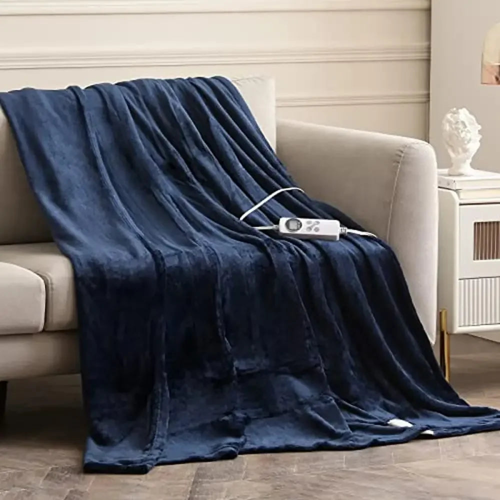 Electric Heated Blanket, Twin Size, 1-12hrs Timer,  Auto-Off, 10 Heating Levels, Double-Sided Flannel Navy Color