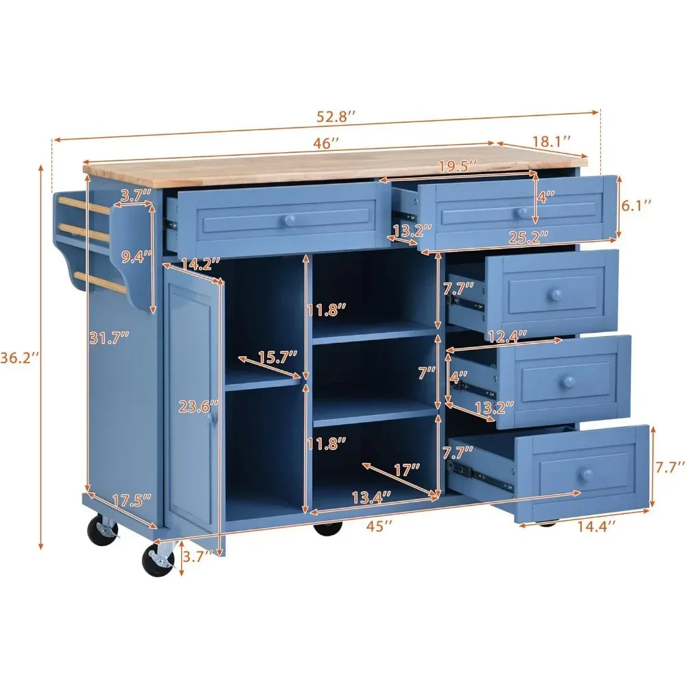 Island Cart, Doors Drawers, Rolling Sideboard, Storage Cabinet Trolley, (Blue)