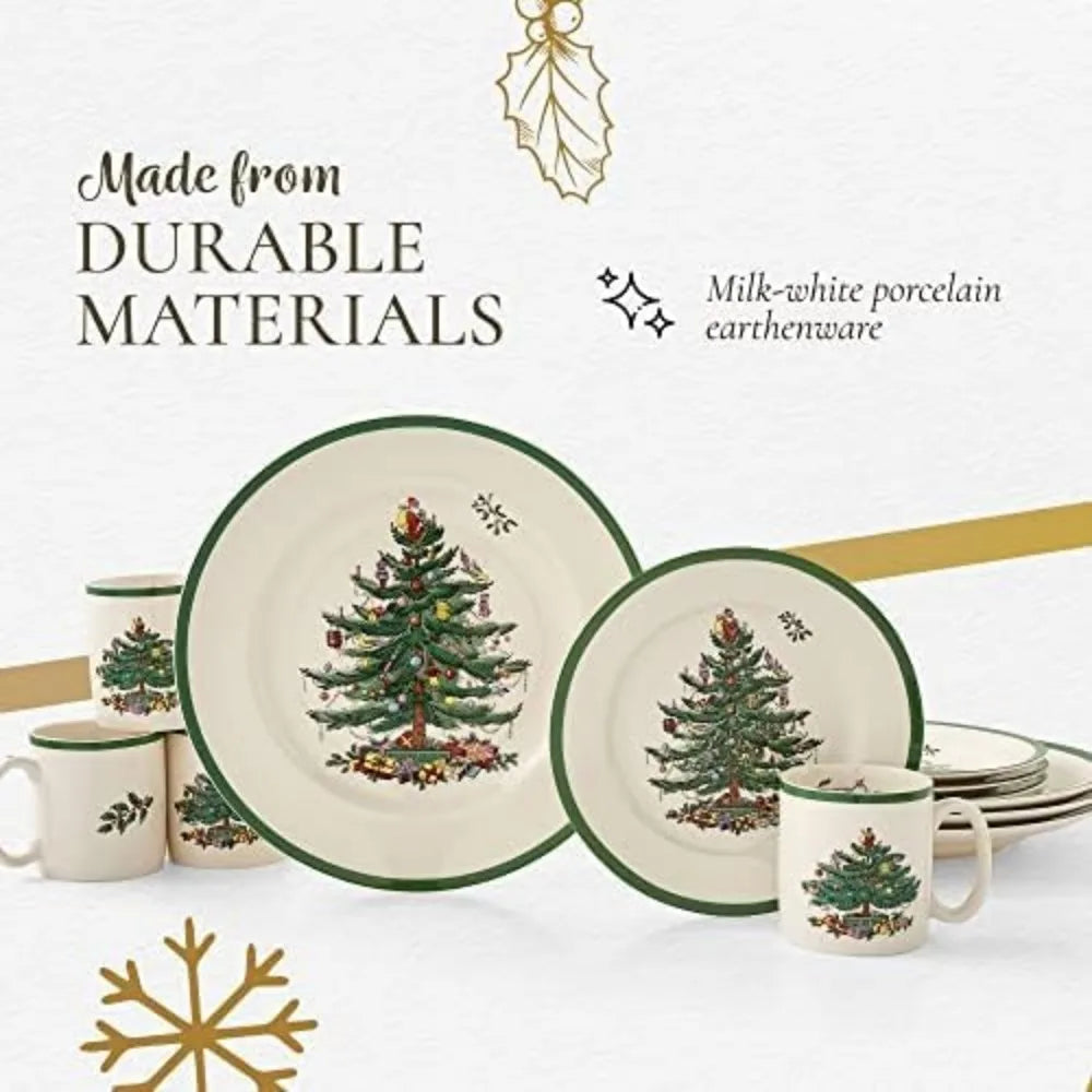 Spode Christmas Tree Collection 16-Piece Dinnerware Set | Service for 4 | Dinner and Salad Plates, Coffee Mugs, and Cereal