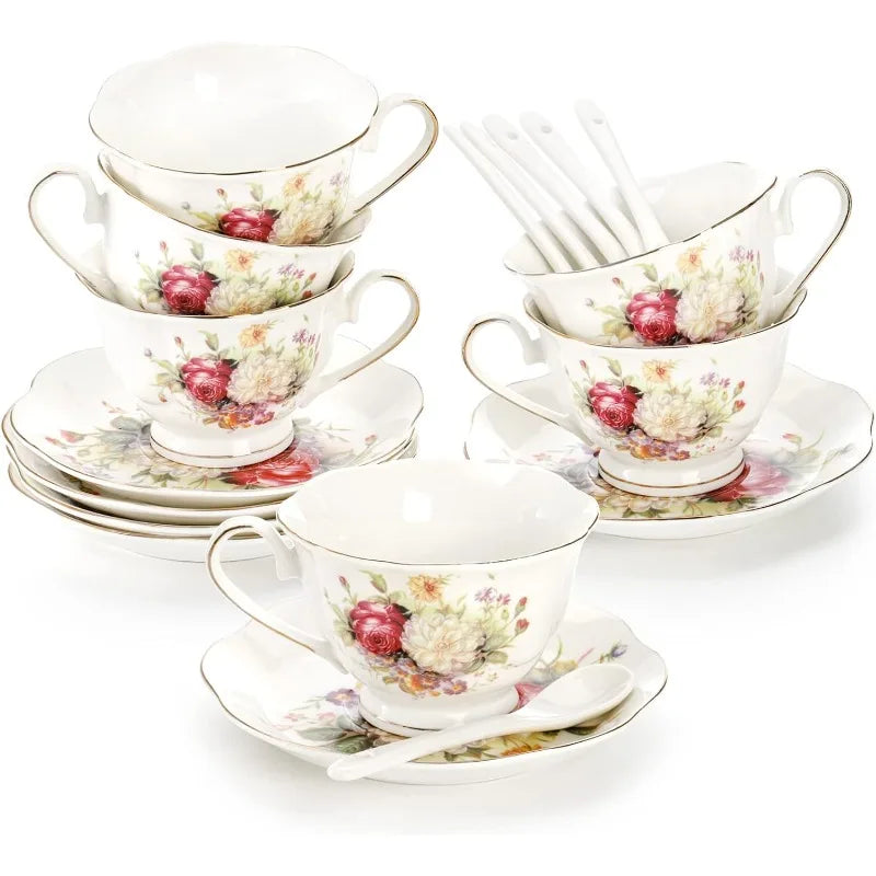 6 Tea Cups, Saucers Set,  Floral/Gold Trim, Spoons - Good Bargain Finds