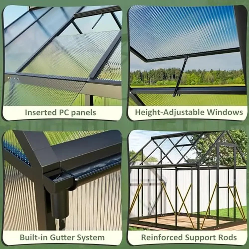 Large Walk-in Greenhouse, Quick Setup Aluminum Structure, Roof Vent Outdoor, UV Coated Panels