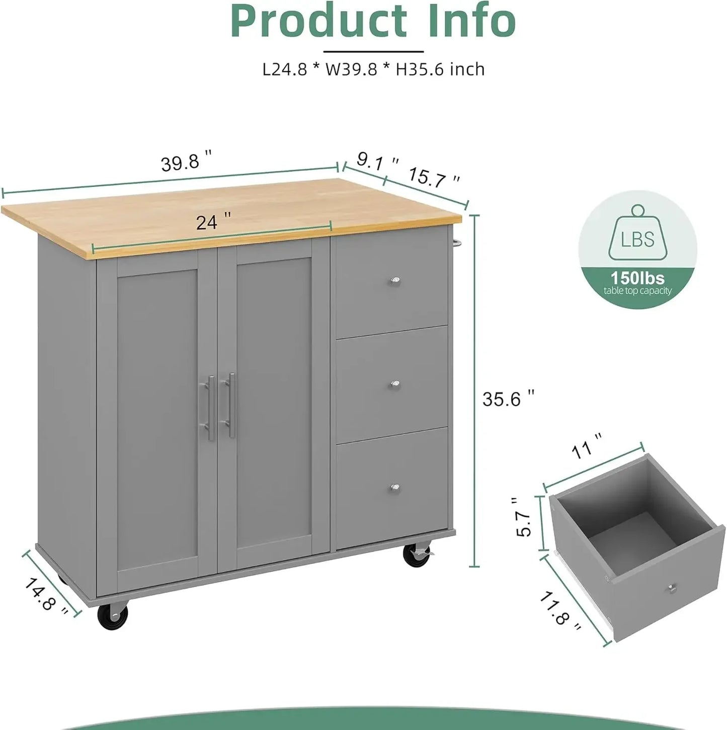 Rolling Kitchen Island Cart. Folding Drop Leaf Breakfast Bar, Large Storage Cabinet,