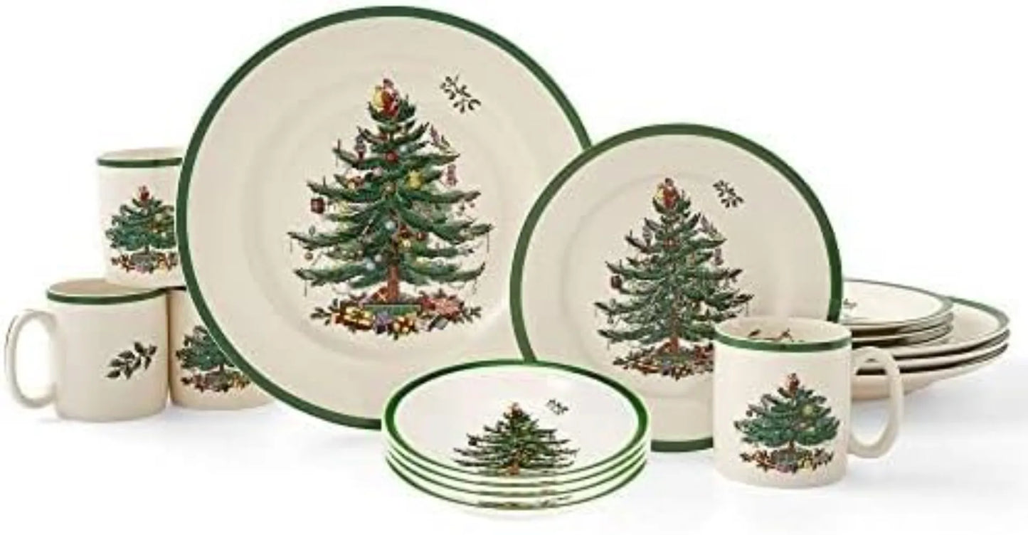 Spode Christmas Tree Collection 16-Piece Dinnerware Set | Service for 4 | Dinner and Salad Plates, Coffee Mugs, and Cereal