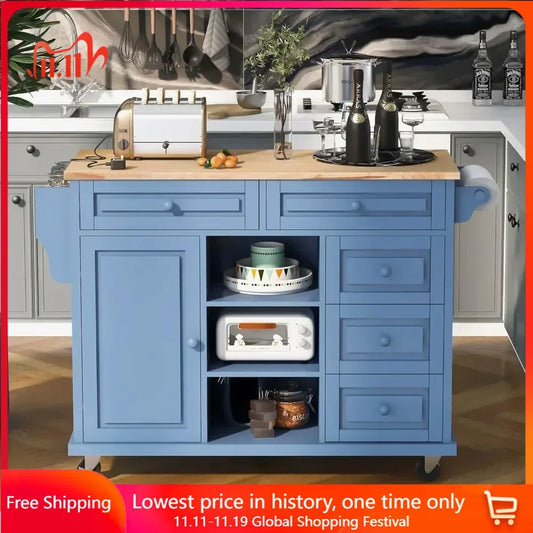 Island Cart, Doors Drawers, Rolling Sideboard, Storage Cabinet Trolley, (Blue)