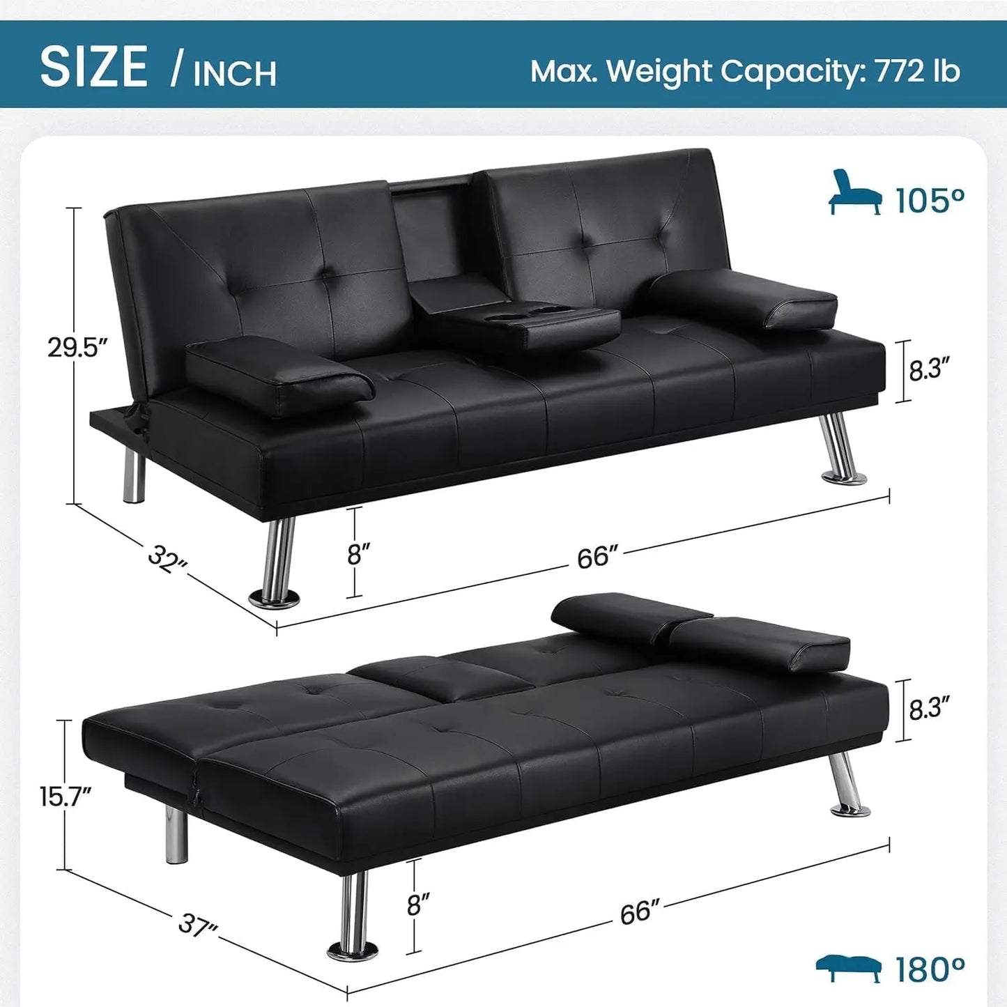 Convertible Futon Sofa Bed, Modern PU Leather, Loveseat, w/Removable Armrests