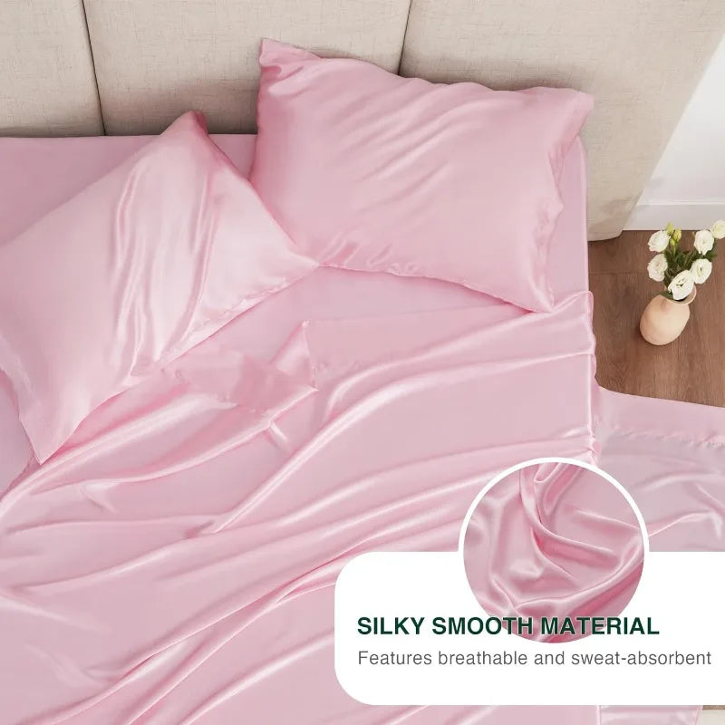 4 Piece Pink Silky Satin Bed Sheets Queen Set, Deep Pocket