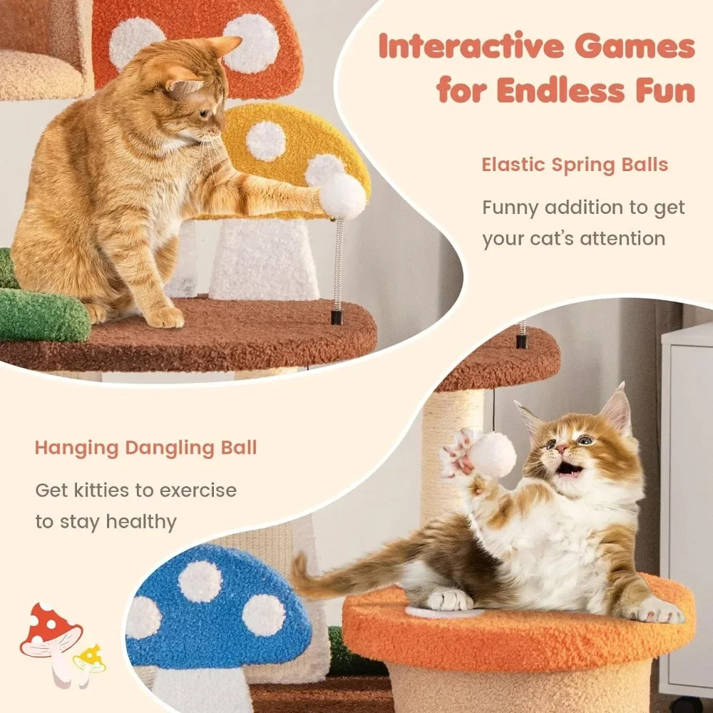 Mushroom Cat Tree, Full-Wrapped Sisal Posts, Scratching Boards & Interactive Balls, Multi story cute cat tower