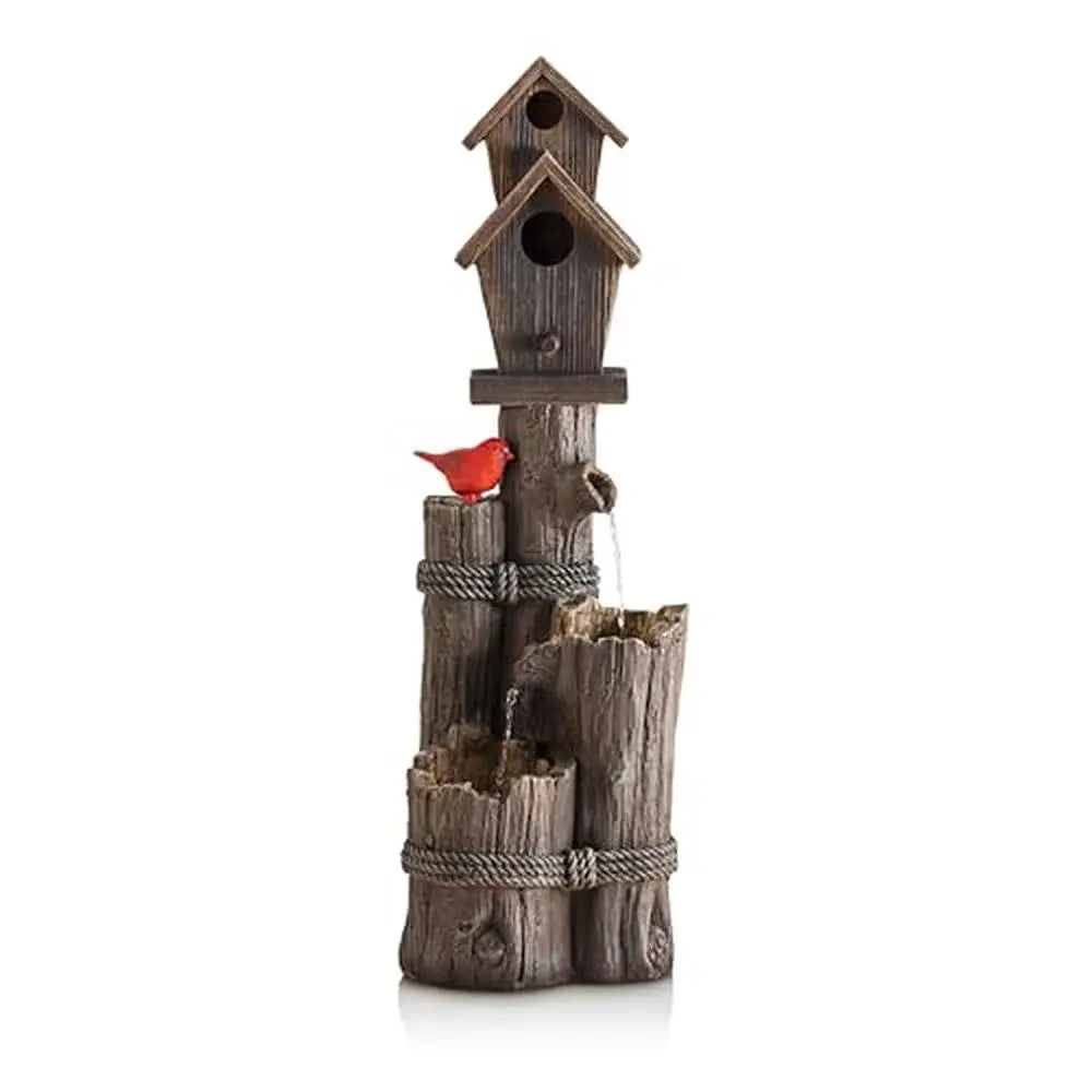 3-Tiered Log/Branch Waterfall Birdhouse Fountain Outdoor, Serene Woodland Sound, Rust-Resistant Polyresin 35"