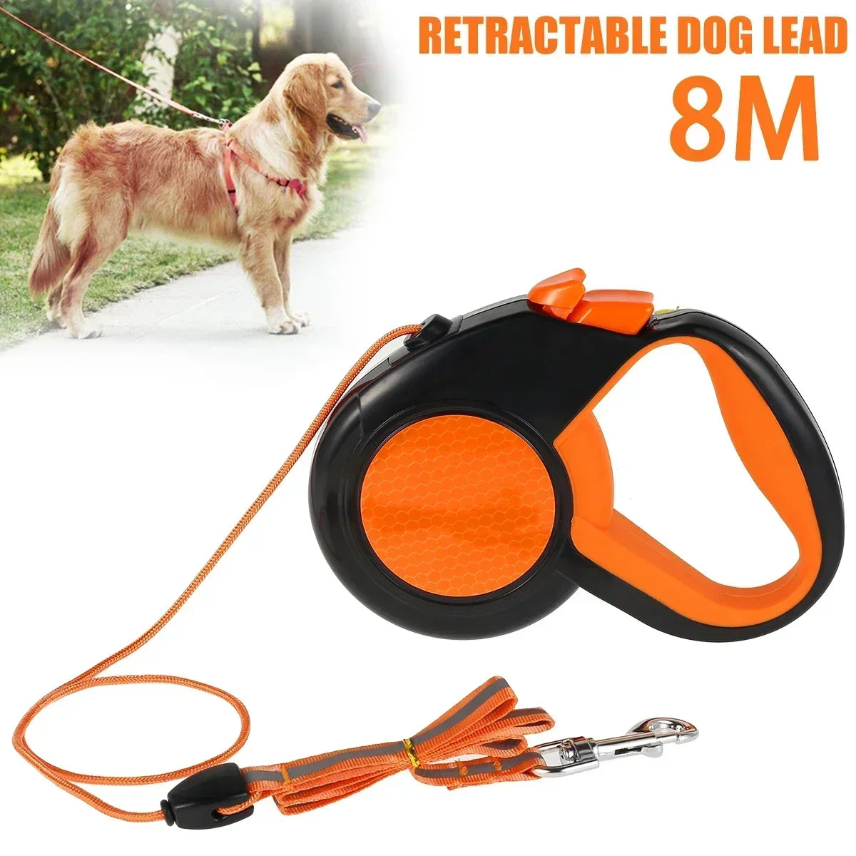 8M Retractable Lead Heavy Duty Dog Walking Leash. Strong Reflective Tape Non-Slip Handle for Small Medium Large Dogs