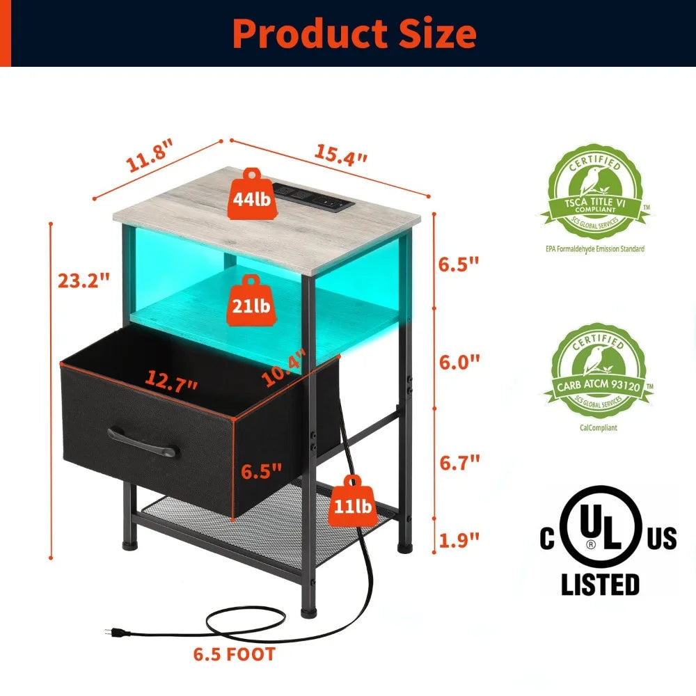 Nightstands Set of 2, Charging Station, Drawer,  20 Colors LED Light Strip and 2 Layer,s Shelf