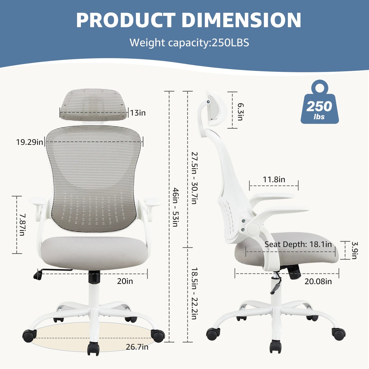 Ergonomic Computer Desk Chair, Flip-up Arms, Adjustable Headrests, Lumbar Support