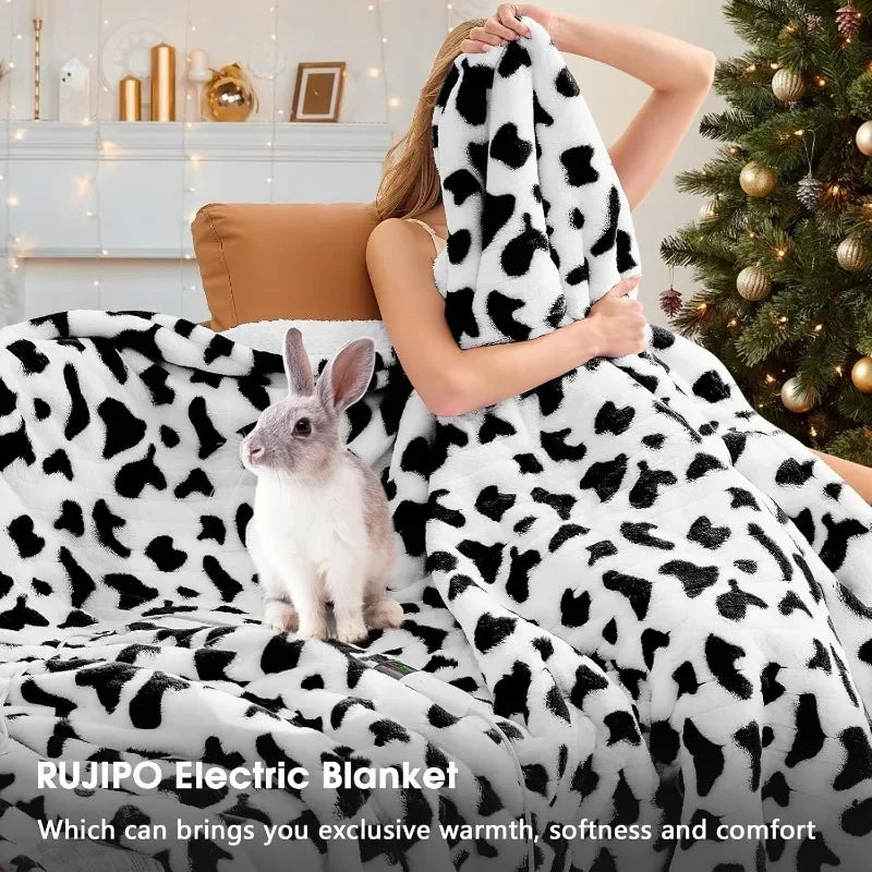 Cow Print Heated Electric Throw, 62x84 Twin Faux Fur, 10 Heating Levels, Soft Cozy Sherpa Blanket