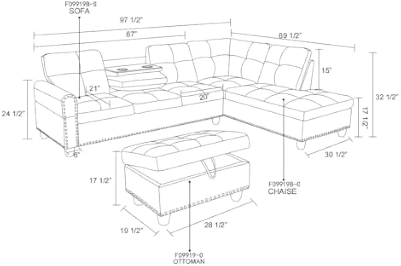 L Shape Modular Sofa Set, Storage Ottoman & Chaise