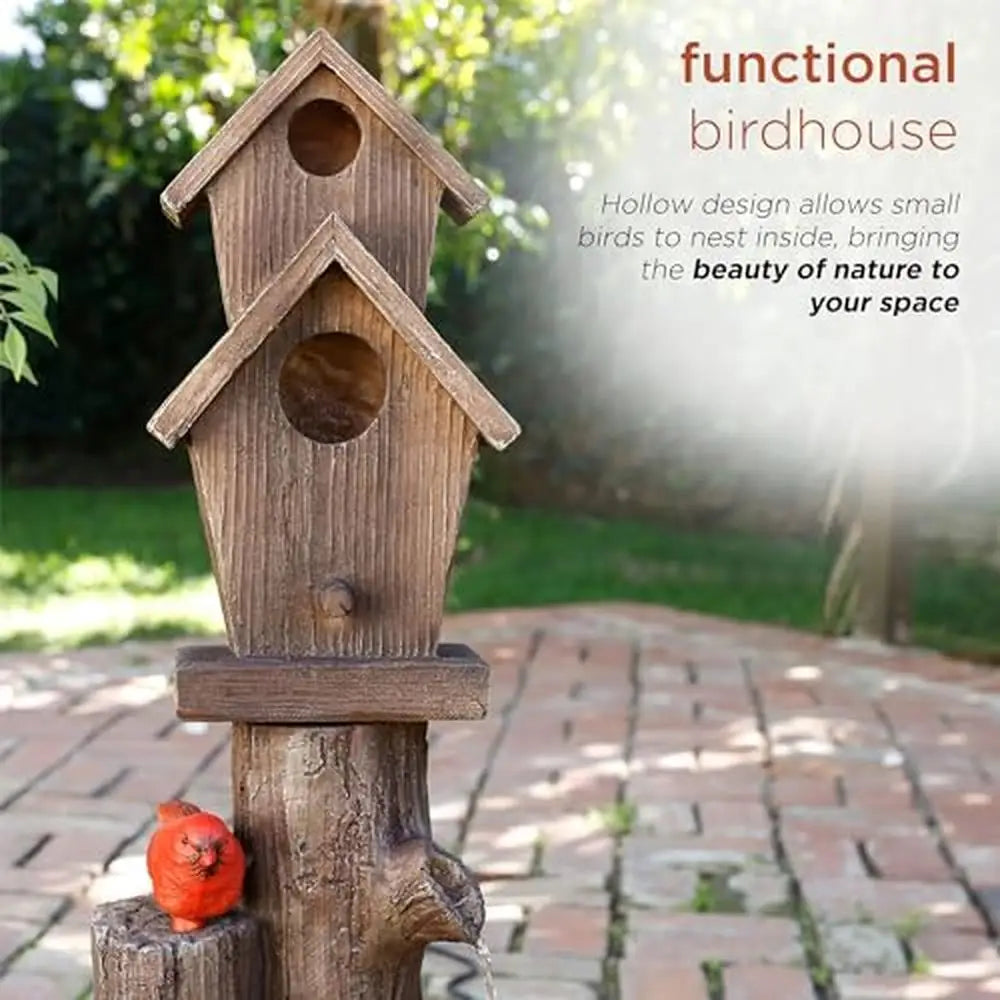 3-Tiered Log/Branch Waterfall Birdhouse Fountain Outdoor, Serene Woodland Sound, Rust-Resistant Polyresin 35"