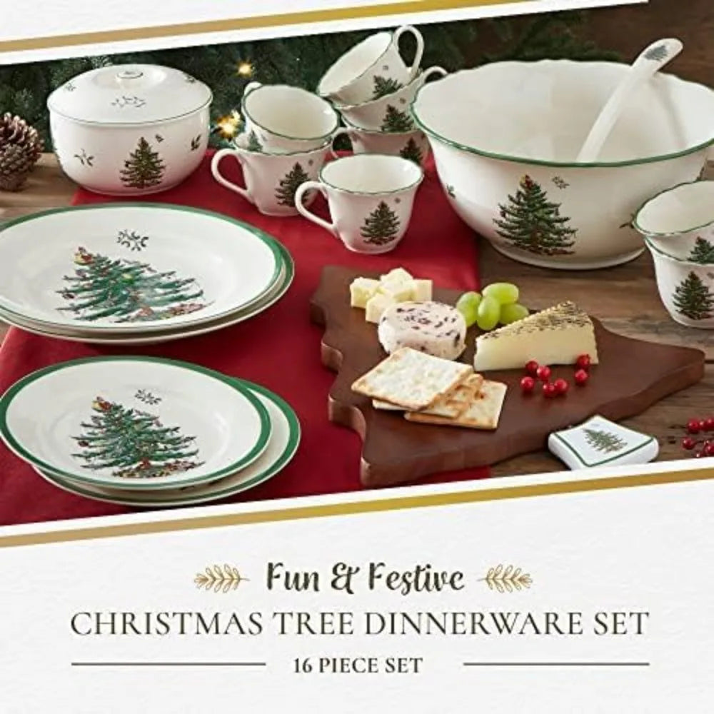 Spode Christmas Tree Collection 16-Piece Dinnerware Set | Service for 4 | Dinner and Salad Plates, Coffee Mugs, and Cereal