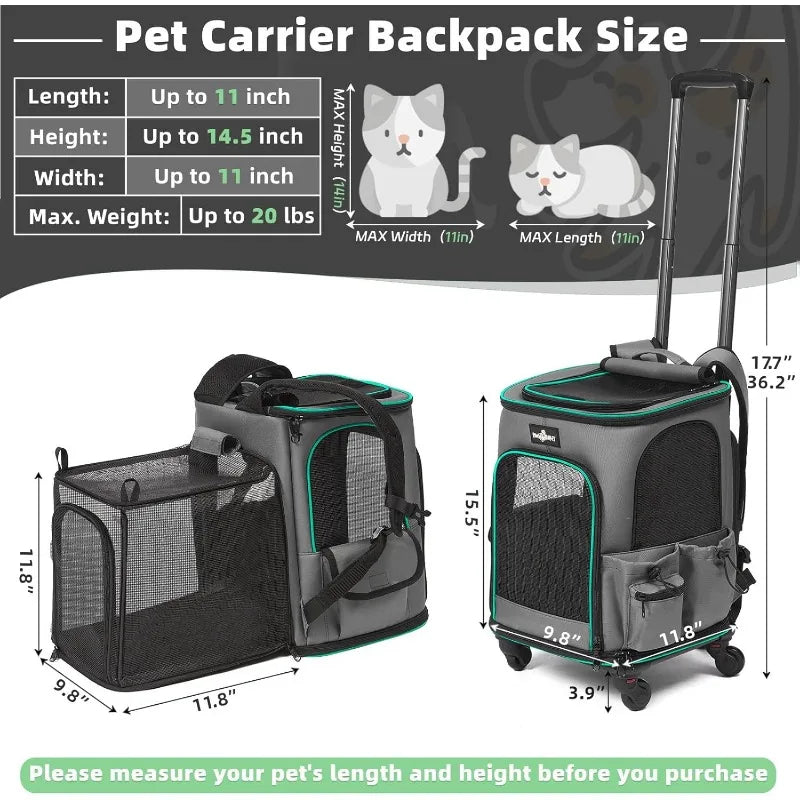 Expandable Rolling Pet Carrier. Breathable Mesh, Small Medium Cat/Dog Under 20LBS