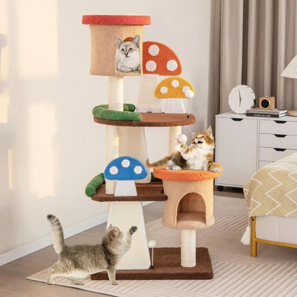 Mushroom Cat Tree, Full-Wrapped Sisal Posts, Scratching Boards & Interactive Balls, Multi story cute cat tower