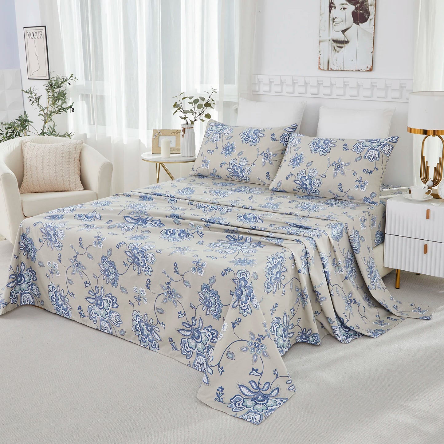 4pcs 600 TC 100% Egyptian Cotton Fitted Sheet Set in Boho Damask Paisley, Soft & Skin-friendly