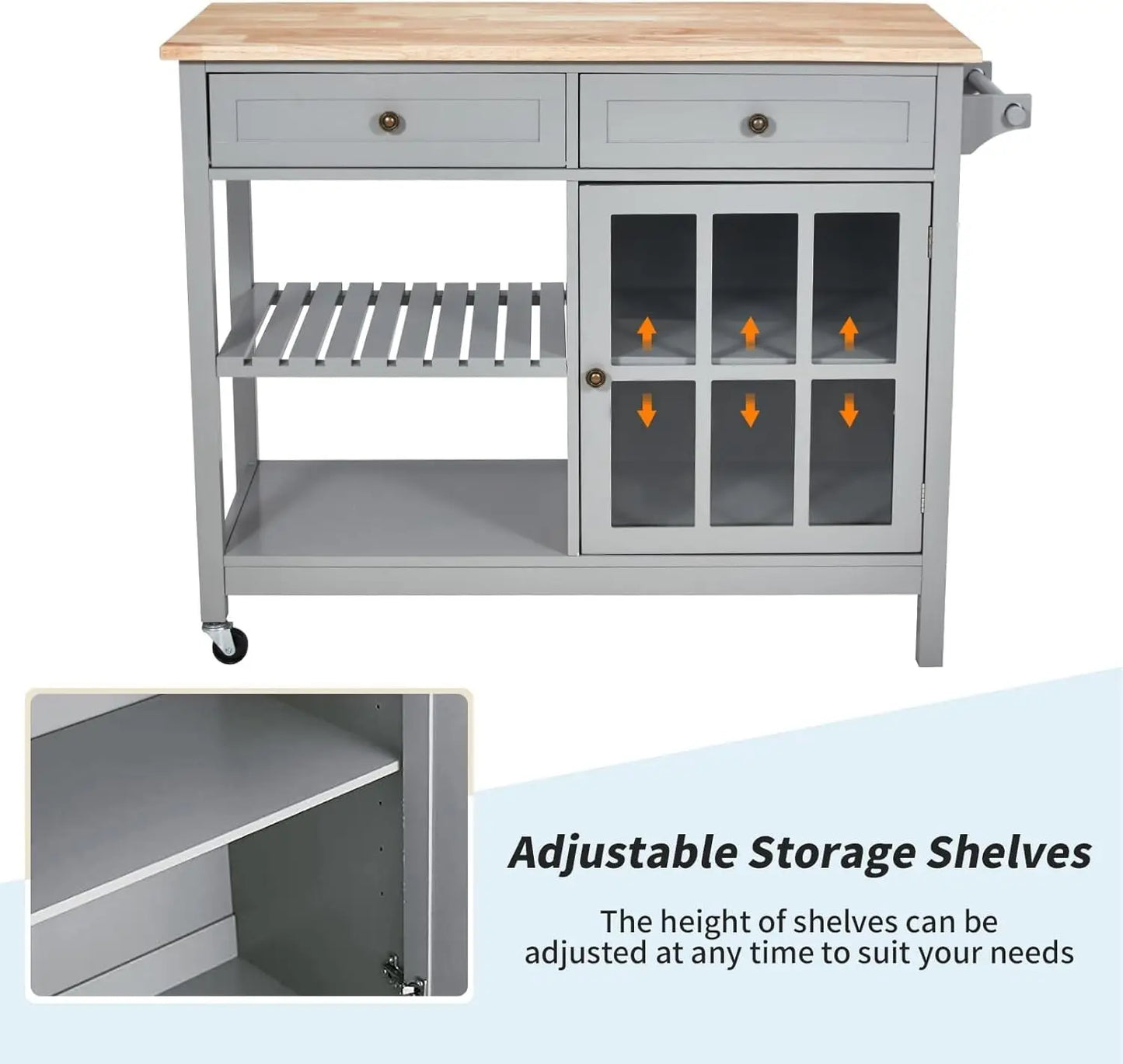 Kitchen Island Cart, 42" Width, Storage, Wood Tabletop, 2 Lockable Wheels, Towel Rack & Trolley