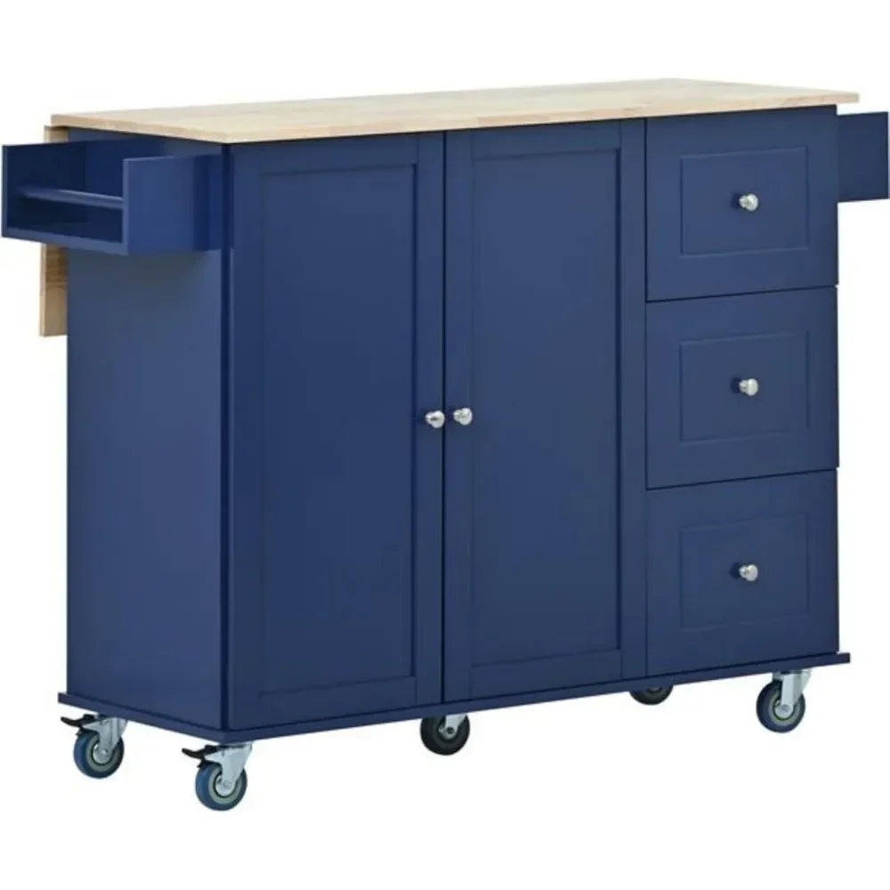 Cabinet, Drop Down Board, Solid Wood Top, Dark Blue, Kitchen Islands Trolleys