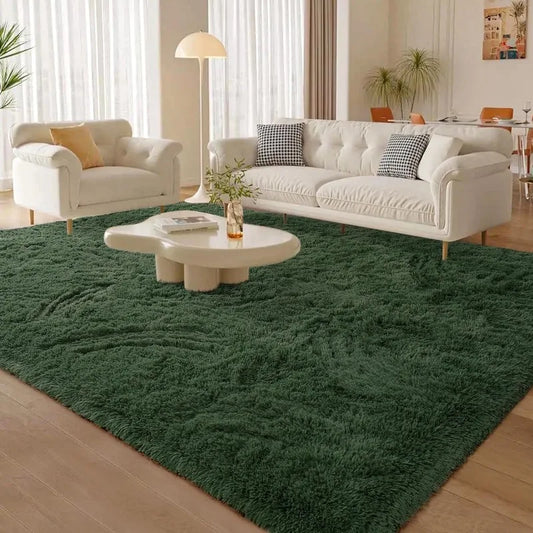 Large Soft Deep-Green Fluffy Carpets, Indoor Modern Plush