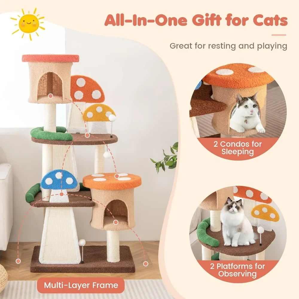 Mushroom Cat Tree, Full-Wrapped Sisal Posts, Scratching Boards & Interactive Balls, Multi story cute cat tower