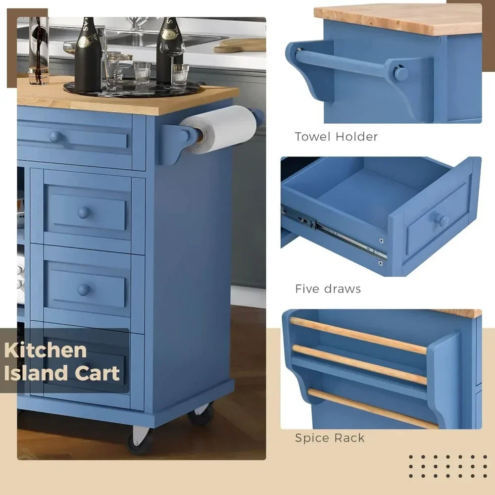 Island Cart, Doors Drawers, Rolling Sideboard, Storage Cabinet Trolley, (Blue)