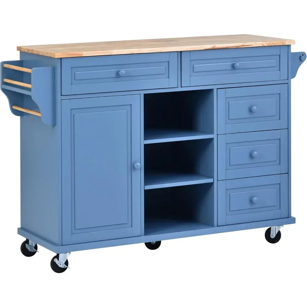 Island Cart, Doors Drawers, Rolling Sideboard, Storage Cabinet Trolley, (Blue)