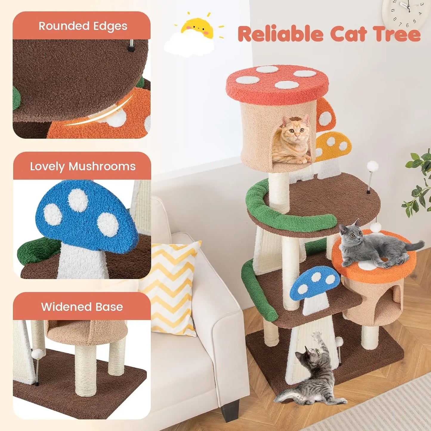 Mushroom Cat Tree, Full-Wrapped Sisal Posts, Scratching Boards & Interactive Balls, Multi story cute cat tower