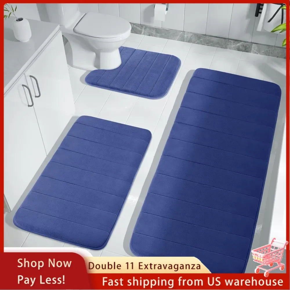 3 Pieces Memory Foam Bath Mat Sets, 44.1x24 + 31.5x19.8 and U-Shaped for Toilet Mats,  Non-Slip,  Soft Comfortable