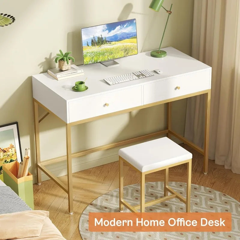 Desk with 2 Drawers,Modern Makeup Vanity Desk with Padded Stool, Small Computer Table Home Office Desk for Writing Study Bedroom