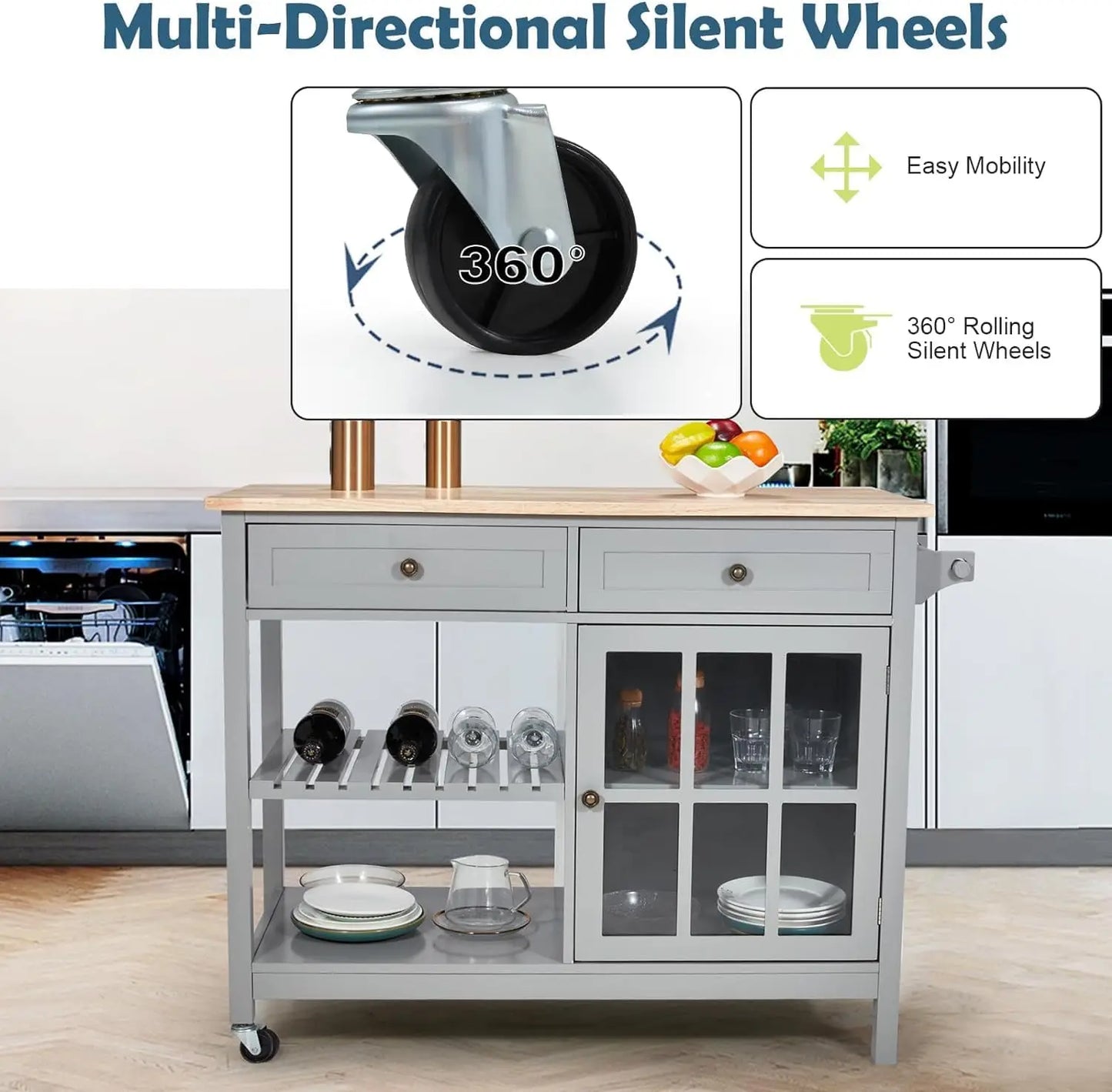 Kitchen Island Cart, 42" Width, Storage, Wood Tabletop, 2 Lockable Wheels, Towel Rack & Trolley