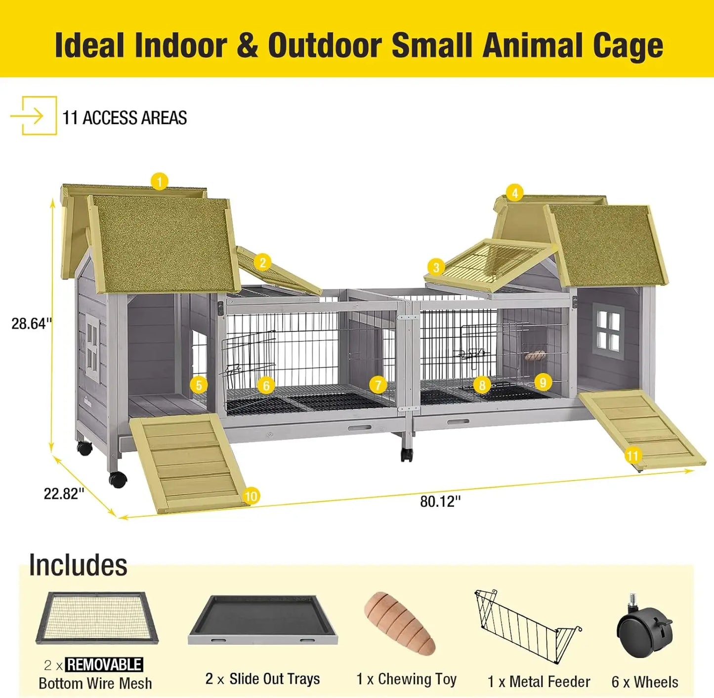 Rabbit/Guinea Pig Cage,  Double House Run, Indoor Outdoor. Deeper No Leak Trays. Wheels